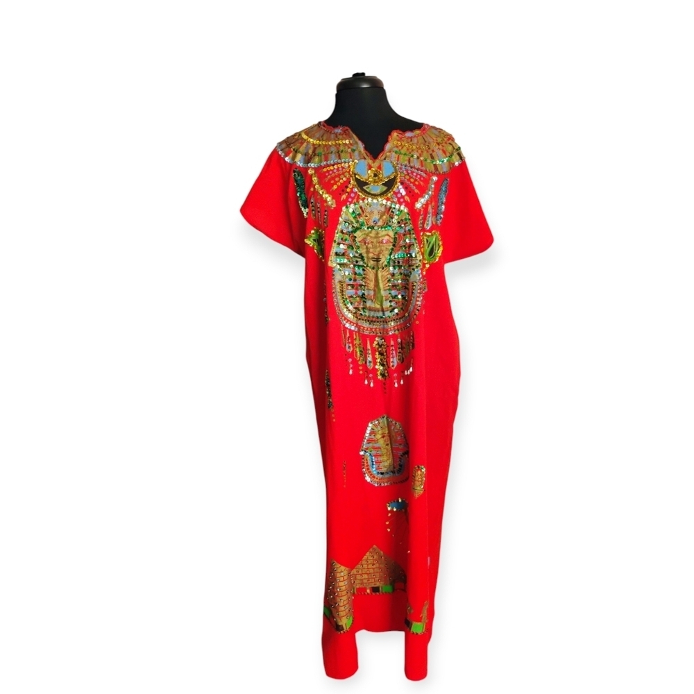 Egyptian Sequin Jalabiya Maxi Dress King Tut Red - Picture 4 of 13